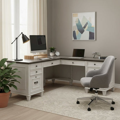 Wood L-Desk & Return, 8 Drawers, 2 Locking Files, Power Center, White