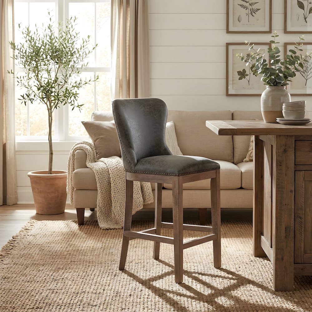 PU-Upholstered Counter Stool with Wing Back, Nailhead Trim and Solid Beech Legs