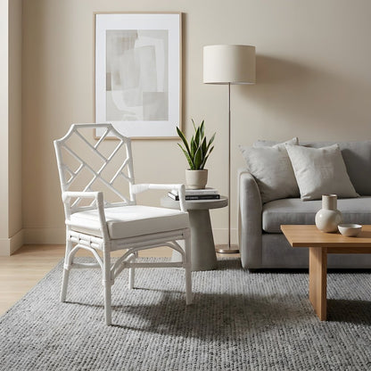 Fabric Upholstered Rattan Armchair with Chinese Chippendale Shield Back, White