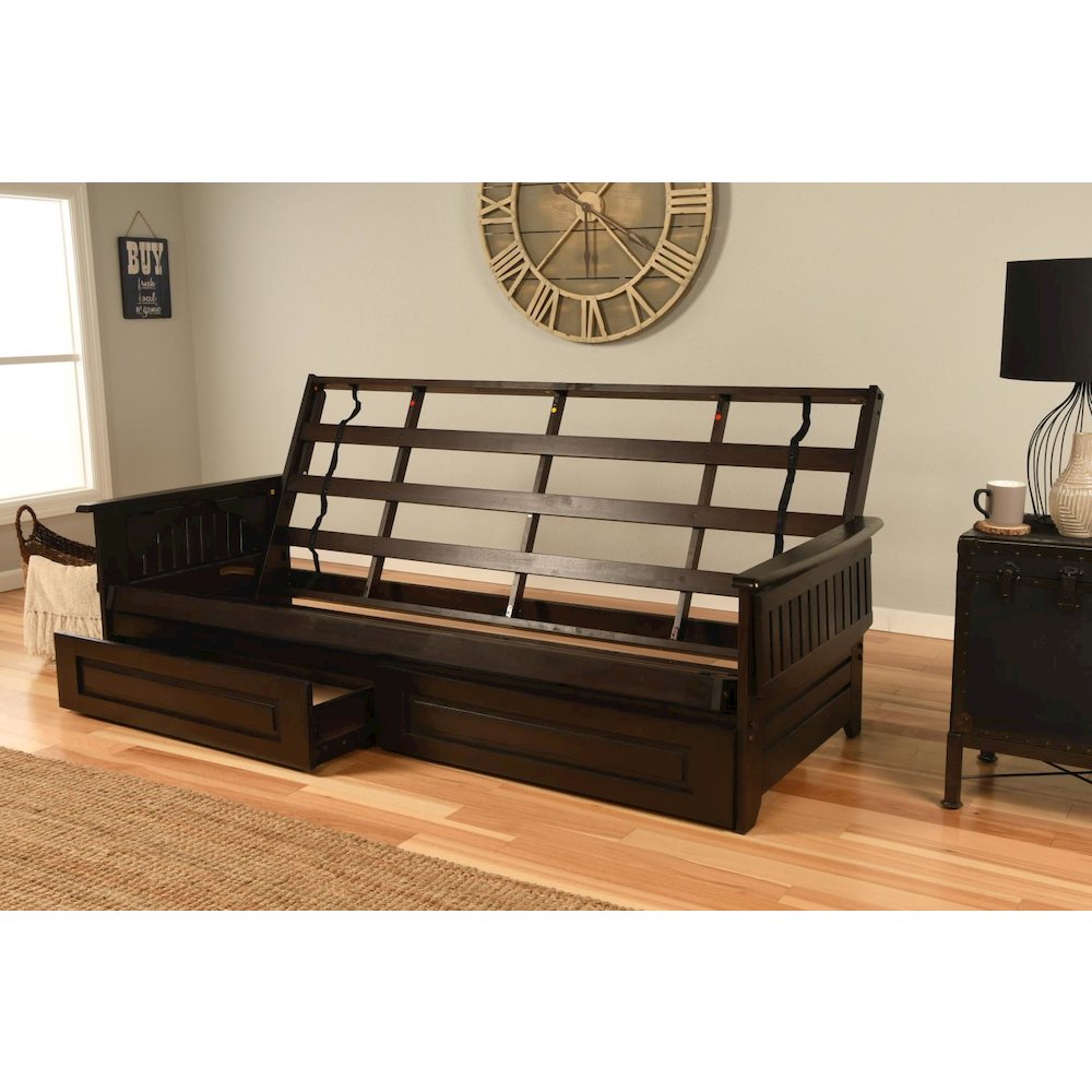 Phoenix Frame Queen-Espresso Finish-Suede Peat Mattress-Storage Drawers