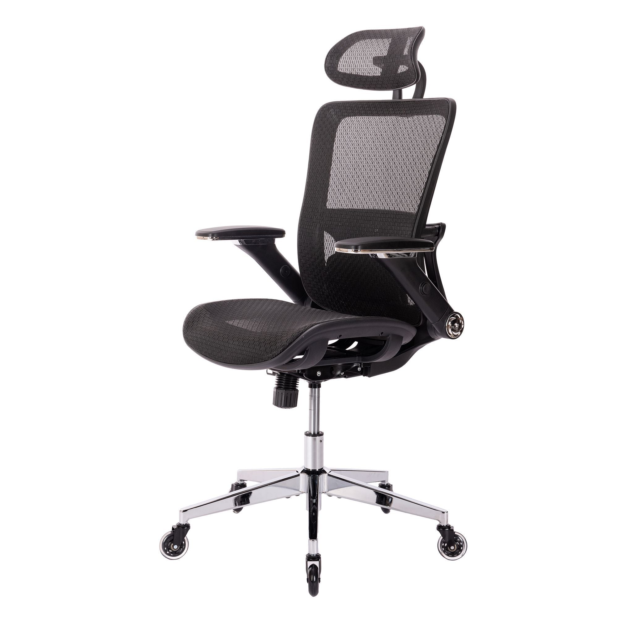 BLACK Ergonomic Mesh Office Chair, High Back - Adjustable Headrest with Flip-Up Arms, Tilt and lock Function, Lumbar Support and blade Wheels, KD chrome metal legs