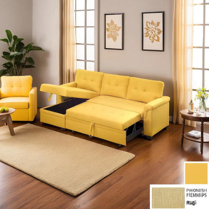Elegant Yellow Linen Reversible Sleeper Sectional Sofa with Storage Chaise