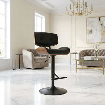 Mid-Century Modern Adjustable Barstool in Walnut with Black Faux Leather