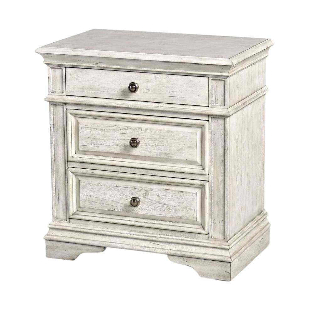 Rustic Ivory Finished 3 Drawer Nightstand - Bedside Table with Drawers