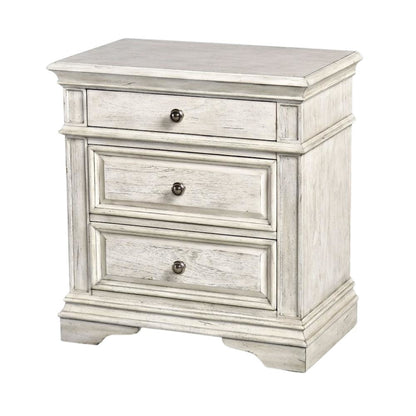Rustic Ivory Finished 3 Drawer Nightstand - Bedside Table with Drawers