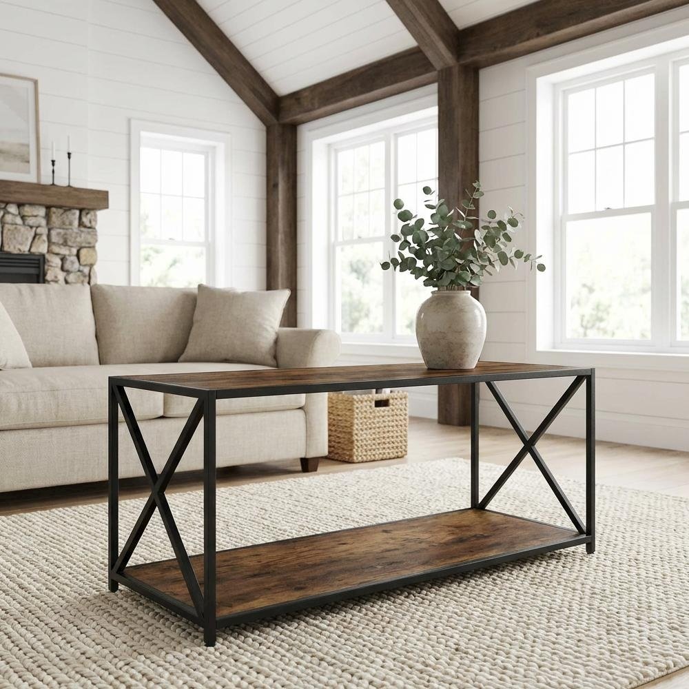 Barnwood Black Coffee Table with Shelf and Particle Board Surface, Living Room