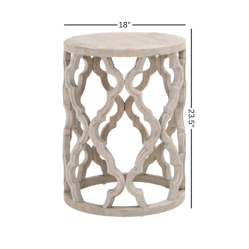 Gray End Table, Reclaimed Elm Wood, Plank Veneer, Carved Design