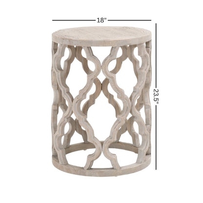 Gray End Table, Reclaimed Elm Wood, Plank Veneer, Carved Design