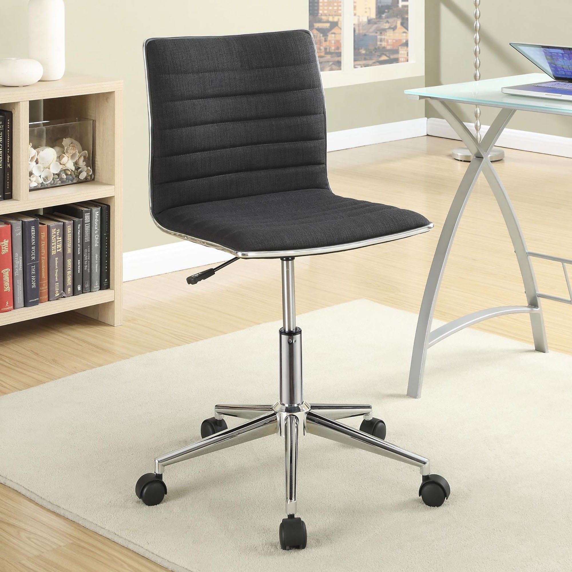 Black and Chrome Armless Office Chair with Casters