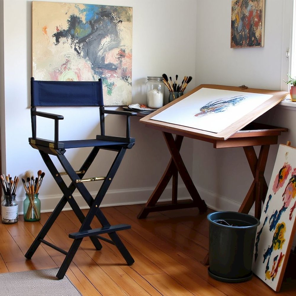 Navy Blue Canvas Director Chair with Solid Wood Frame, Foldable Design