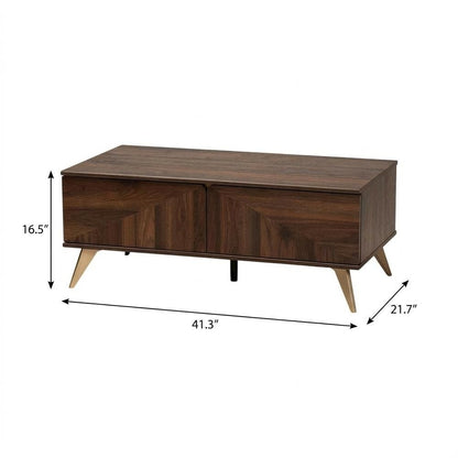Walnut Brown Coffee Table with 2 Drawers Mid-Century Particle Board Legs