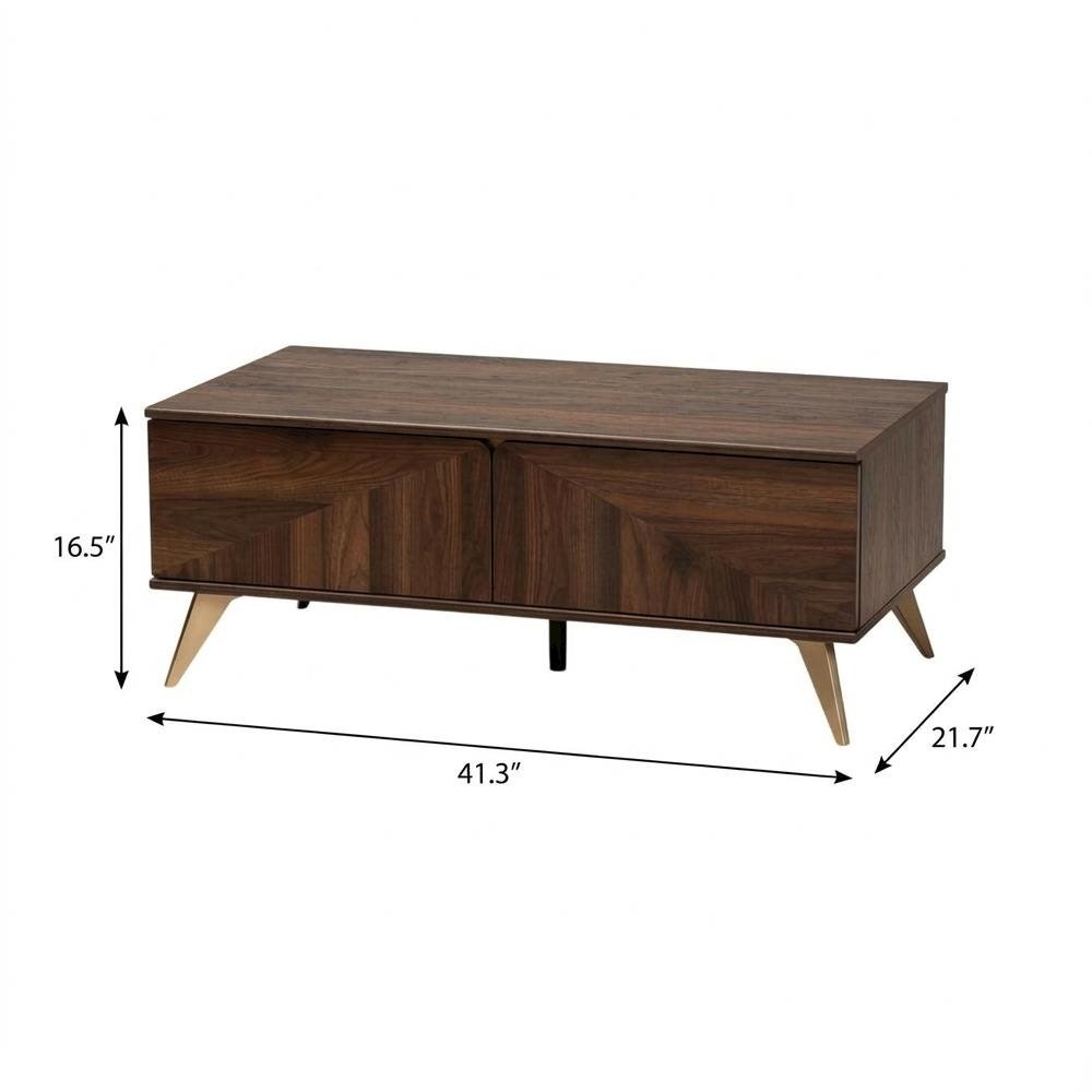 Walnut Brown Coffee Table with 2 Drawers Mid-Century Particle Board Legs