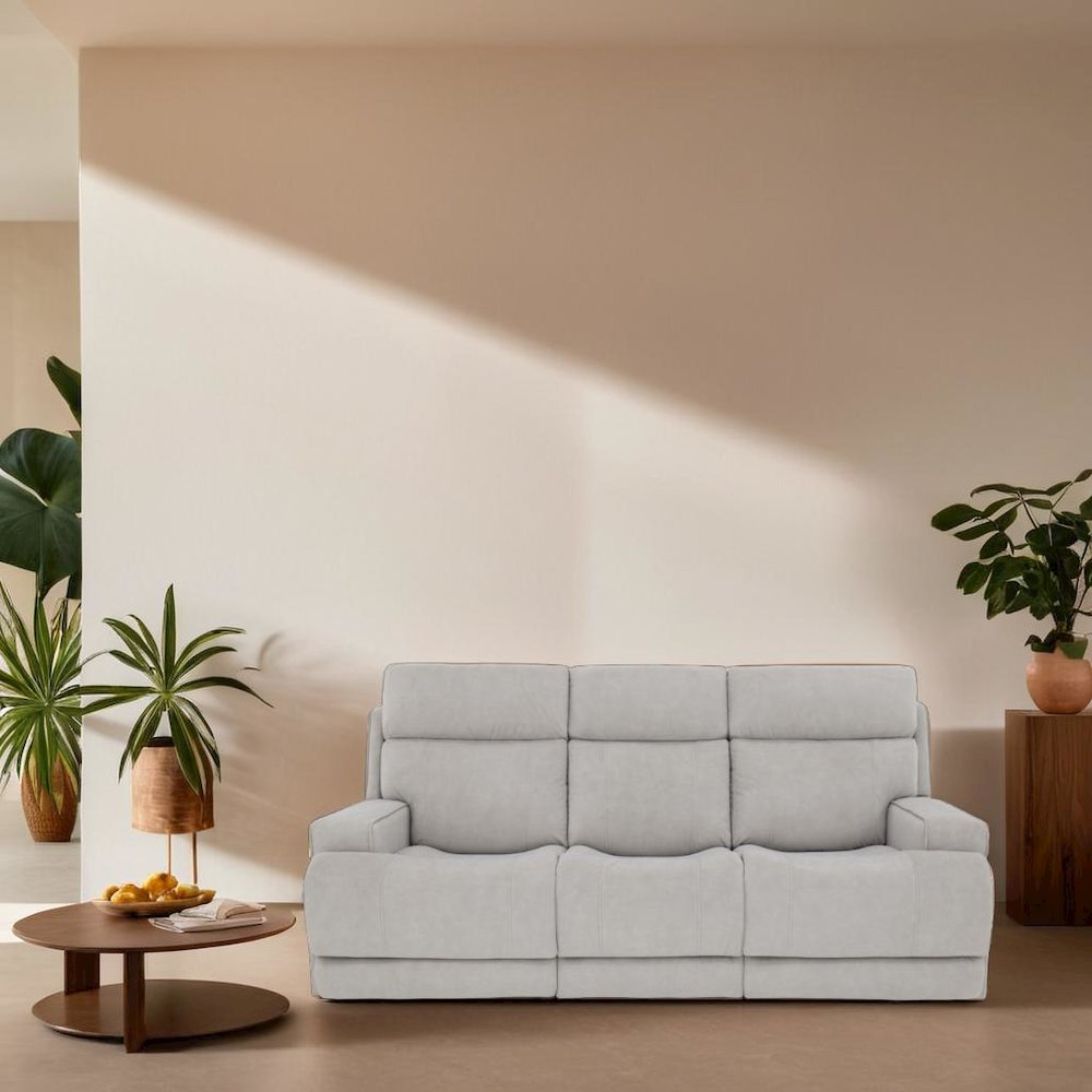 Gray Leather Power Reclining Sofa with Adjustable Headrests and Comfort