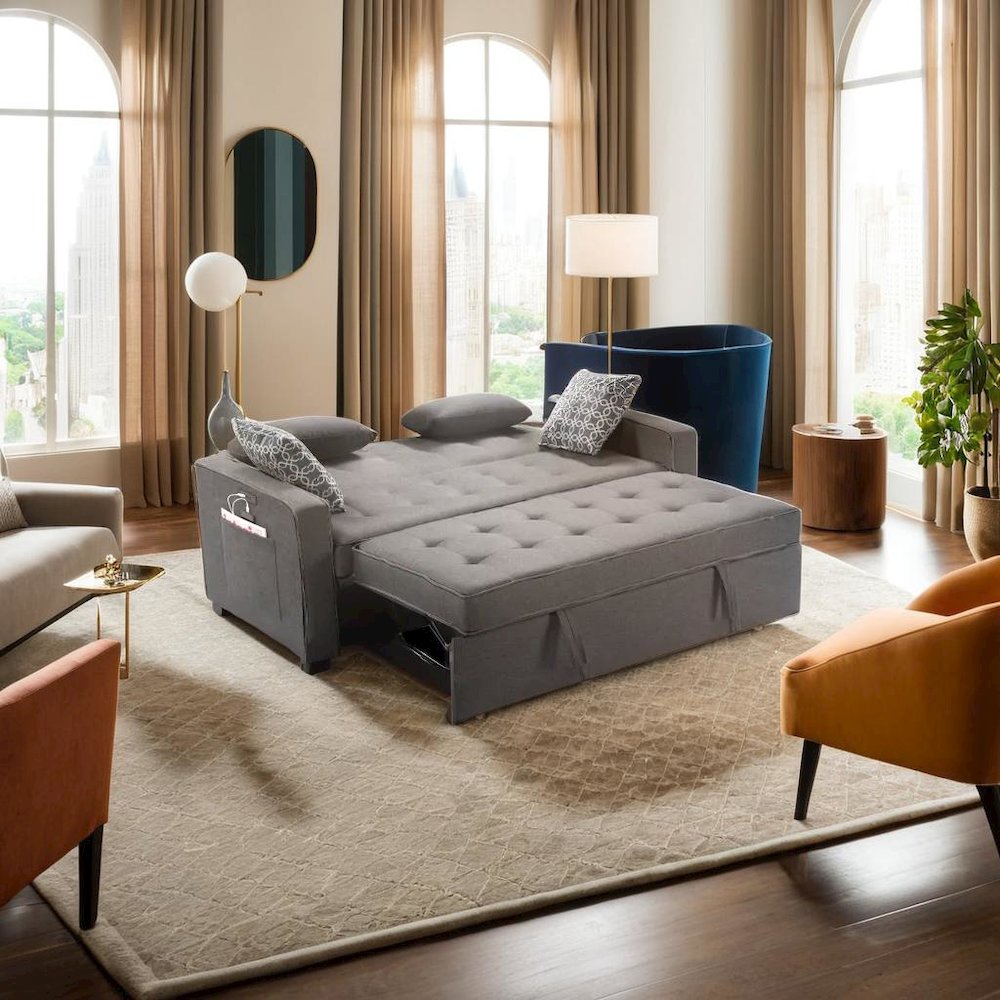 Modern Gray Fabric Sleeper Sofa Featuring USB Ports and Decorative Pillows