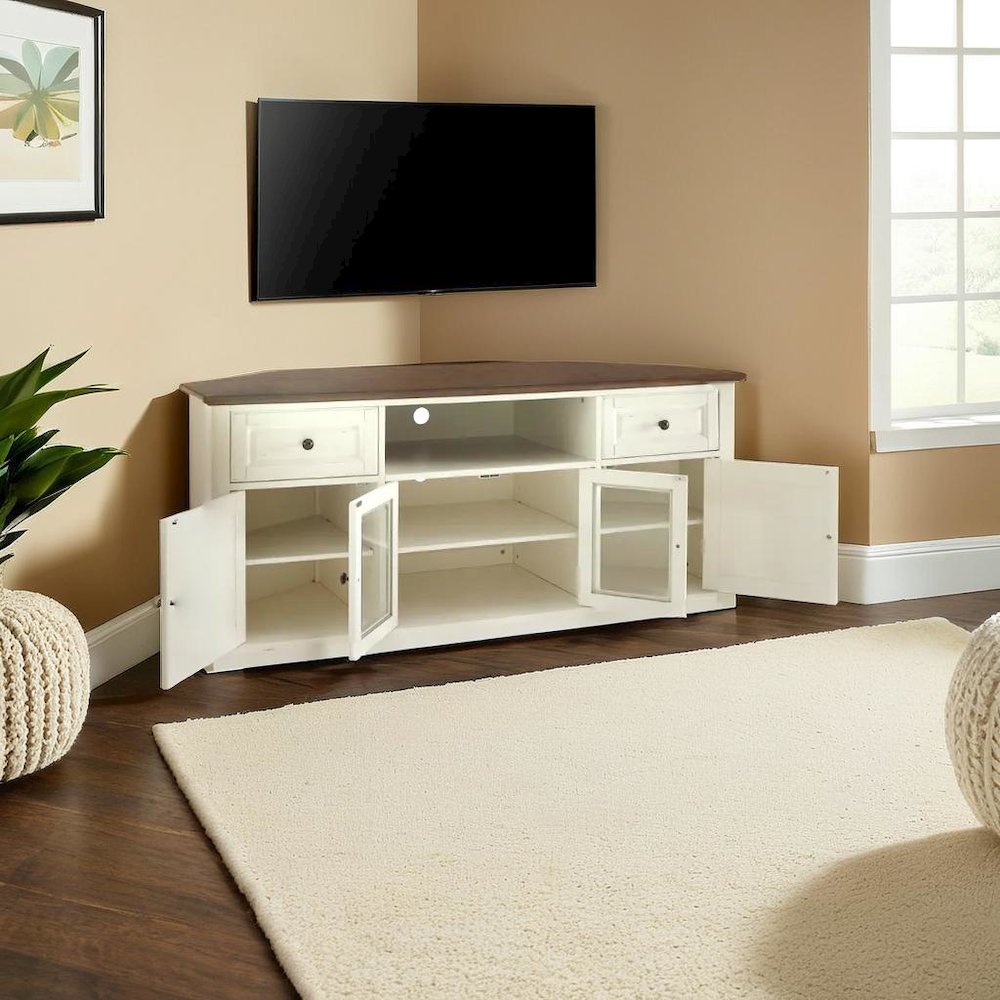 Stylish 60" Corner TV Console Featuring Antique Bronze Hardware and Storage