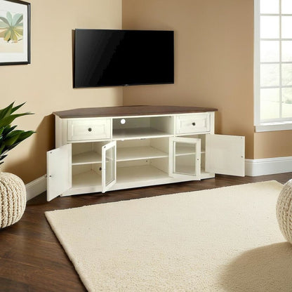 Stylish 60" Corner TV Console Featuring Antique Bronze Hardware and Storage