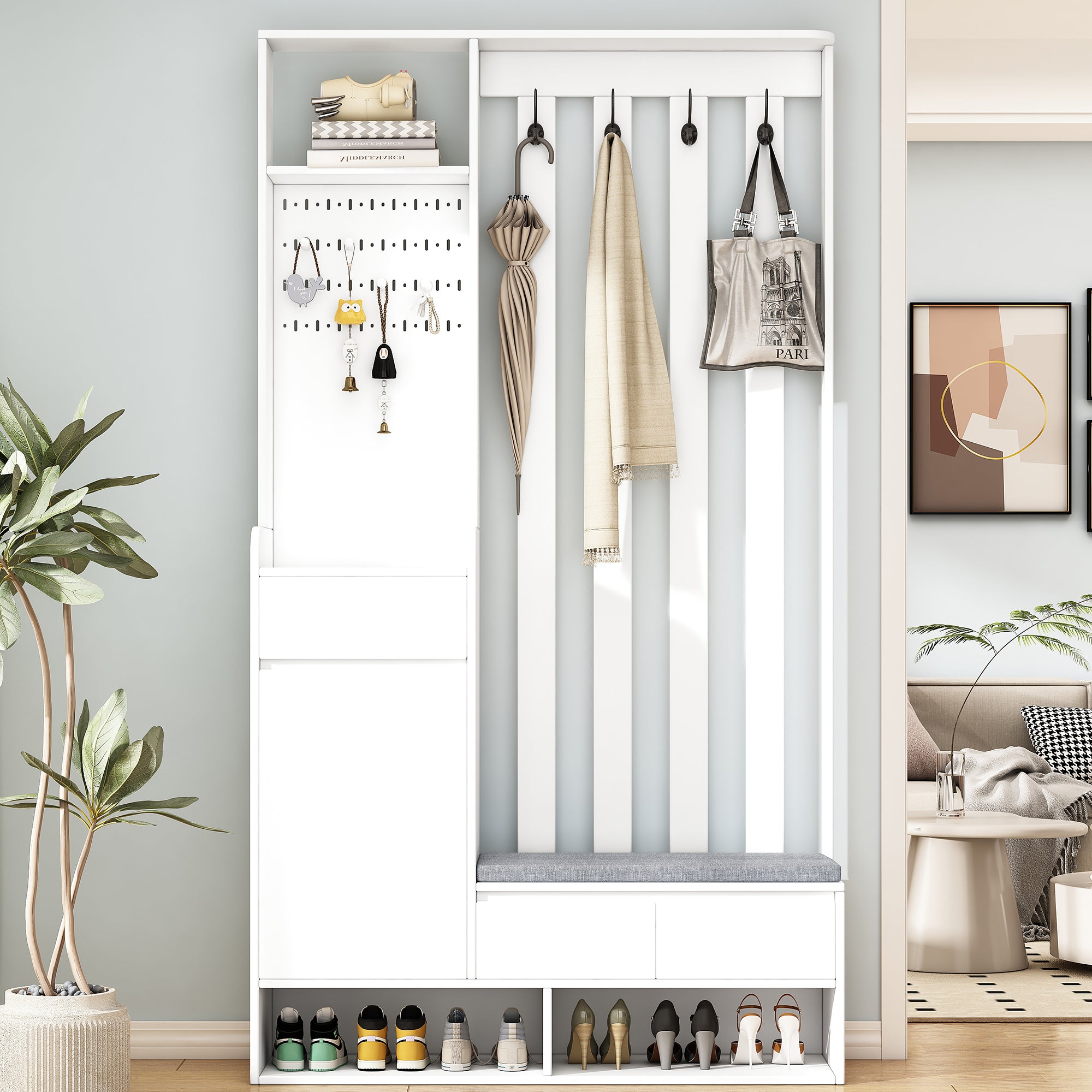 ON-TREND Contemporary 39.3''Wx70.8''H Hall Tree  Storage with Cushioned Storage Bench, Multifunctional Hallway Shoe Cabinet with Pegboard, Modern Coat Rack with 4 Hooks for Entryway, Mudroom, White