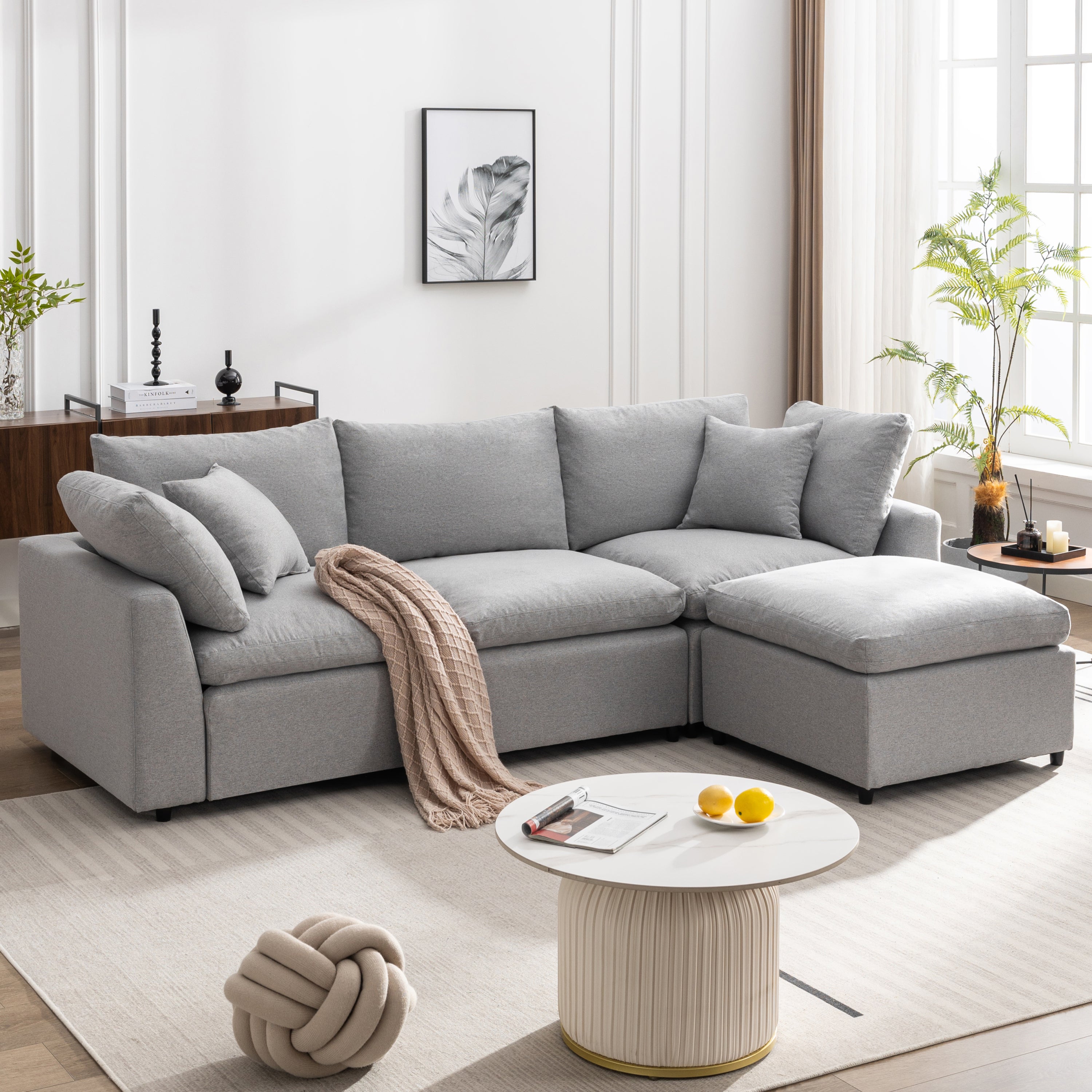 [ Video Provided]U_STYLE Down Filled Upholstery Convertible Sectional Sofa, L Shaped Couch with Reversible Chaise