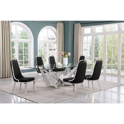7pc Large(94") glass dining set with silver base and 6 Black side chairs