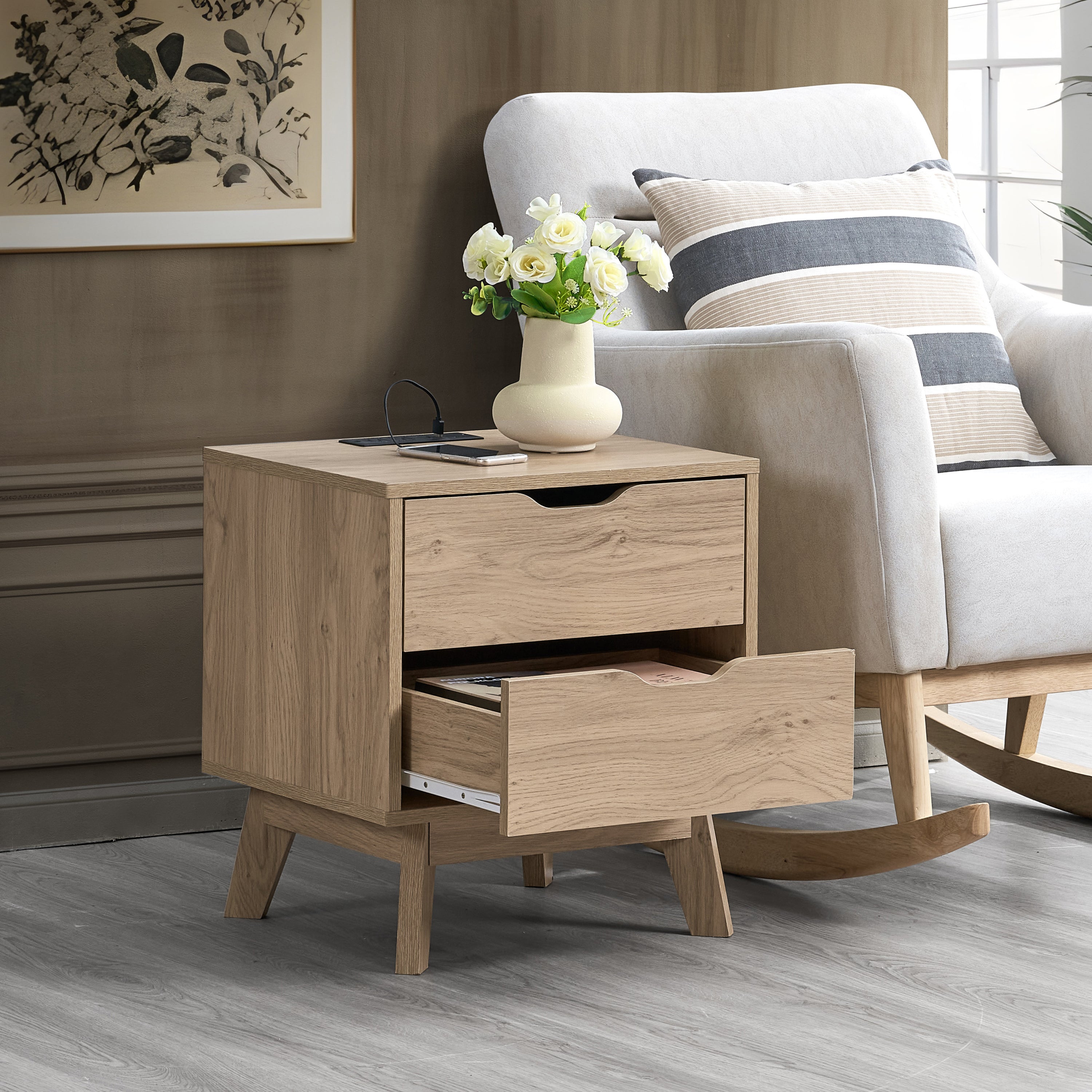 NORDICA Night Stand with Charging Station with USB & Type-C , Drawer Slide Pre-Assembly, End Table with Drawers for Bedroom Living Room, Side Table for Bedroom, Easy Assembly, Natural Oak