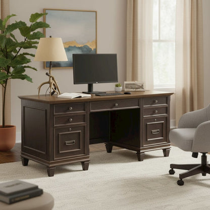 Wood Double Pedestal Desk, 7 Drawers, Locking File, Black