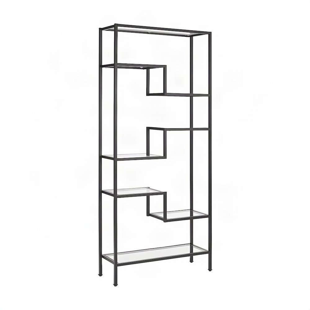 Steel Etagere with Seven Tempered Glass Shelves, Art Deco, Matte Black