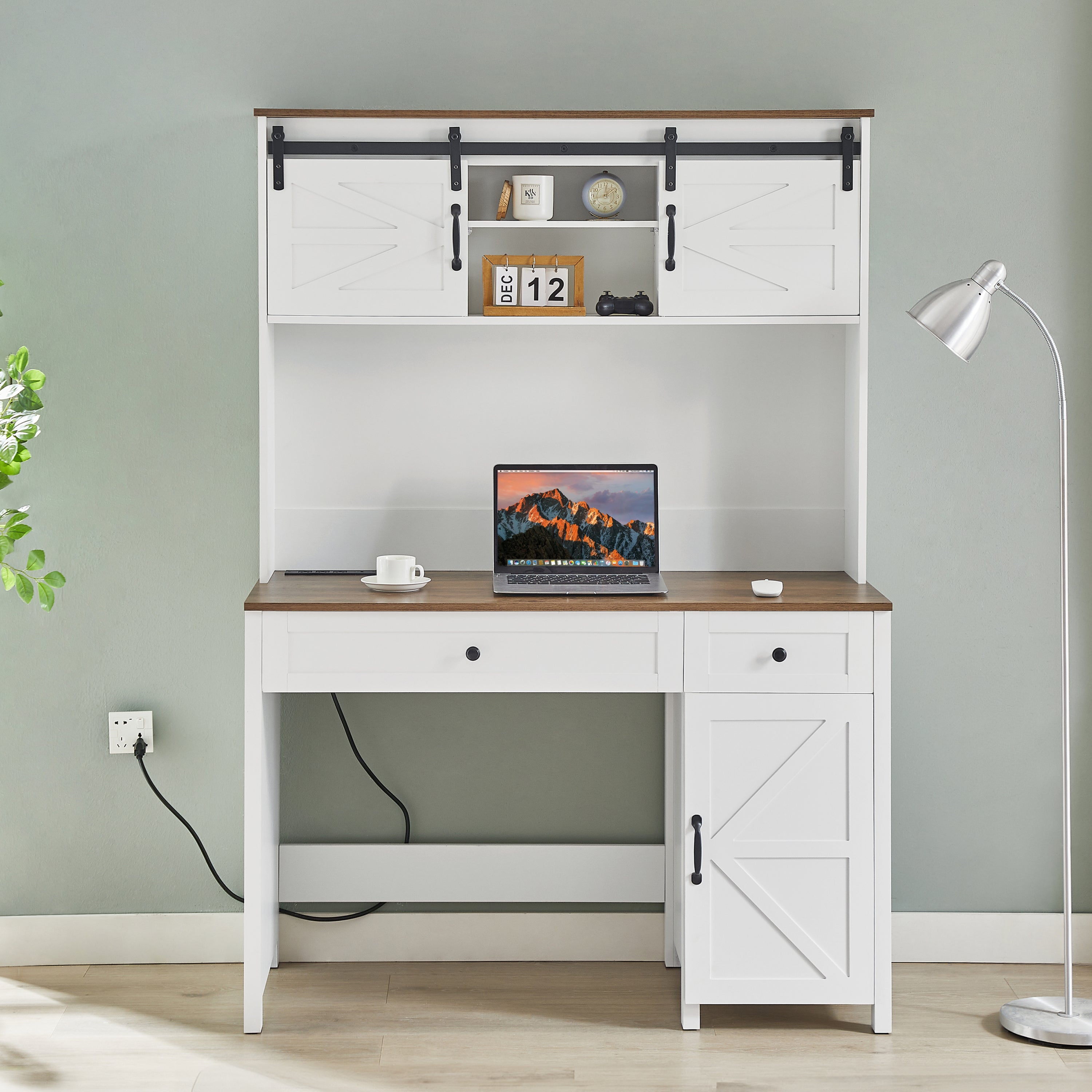 52" Farmhouse Executive Desk with Drawers, Wood Home Office Desk w/Charging Station, File Drawer, Storage Cabinet, Rustic Computer Writing Desk (Antique White)