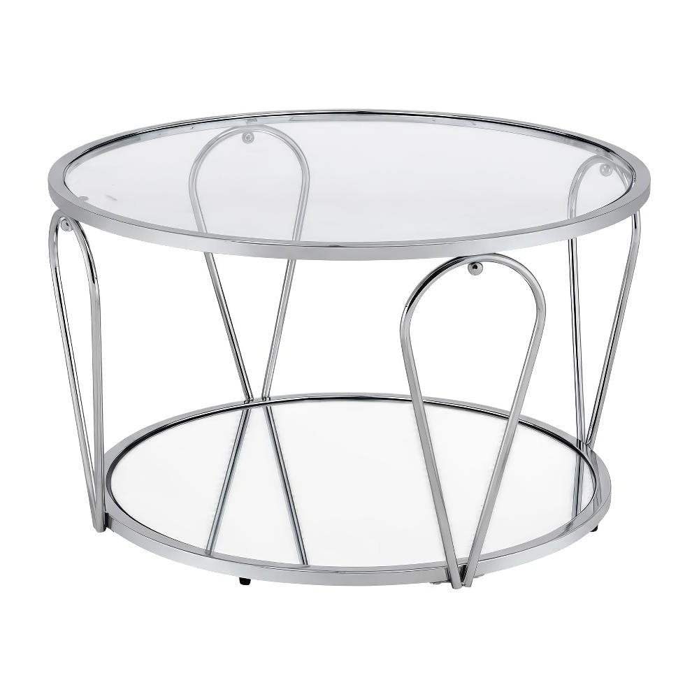Silver Metal 1-Shelf Coffee Table with Tempered Glass and Mirror Surface