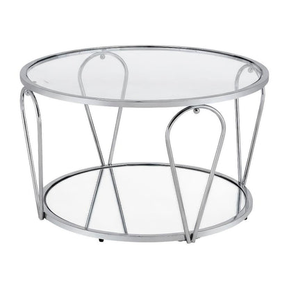 Silver Metal 1-Shelf Coffee Table with Tempered Glass and Mirror Surface