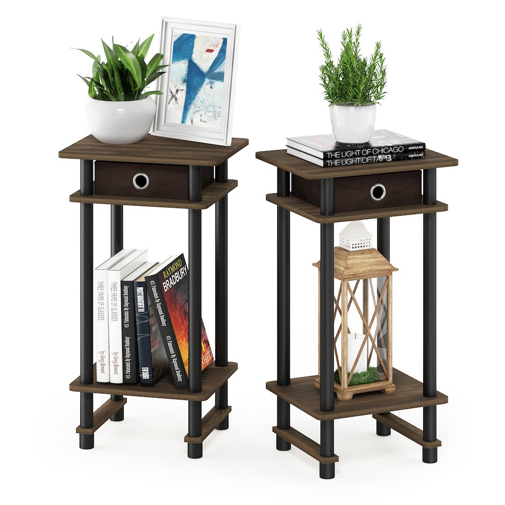 Furinno 2-17017 Turn-N-Tube Tall End Table with Bin, Columbia Walnut/Black/Dark Brown, Set of 2