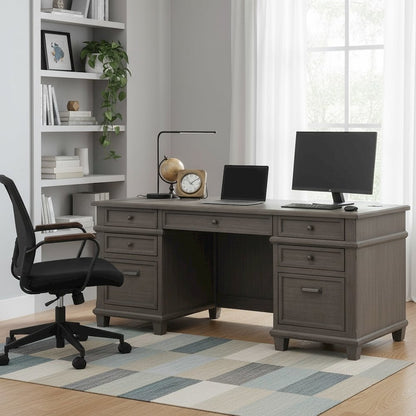 Wood Double Pedestal Executive Desk, 7 Drawers, 2 File Drawers, Gray