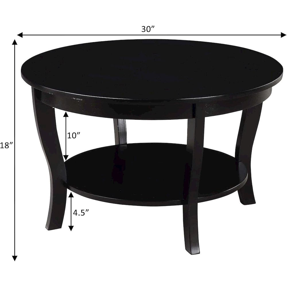 Elegant Black Round Coffee Table with Shelf, MDF Solid Rubberwood Material