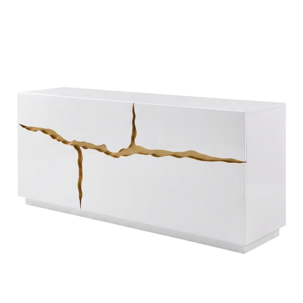 Modern High Gloss MDF Buffet with Gold Accents and Storage Doors for Dining Room