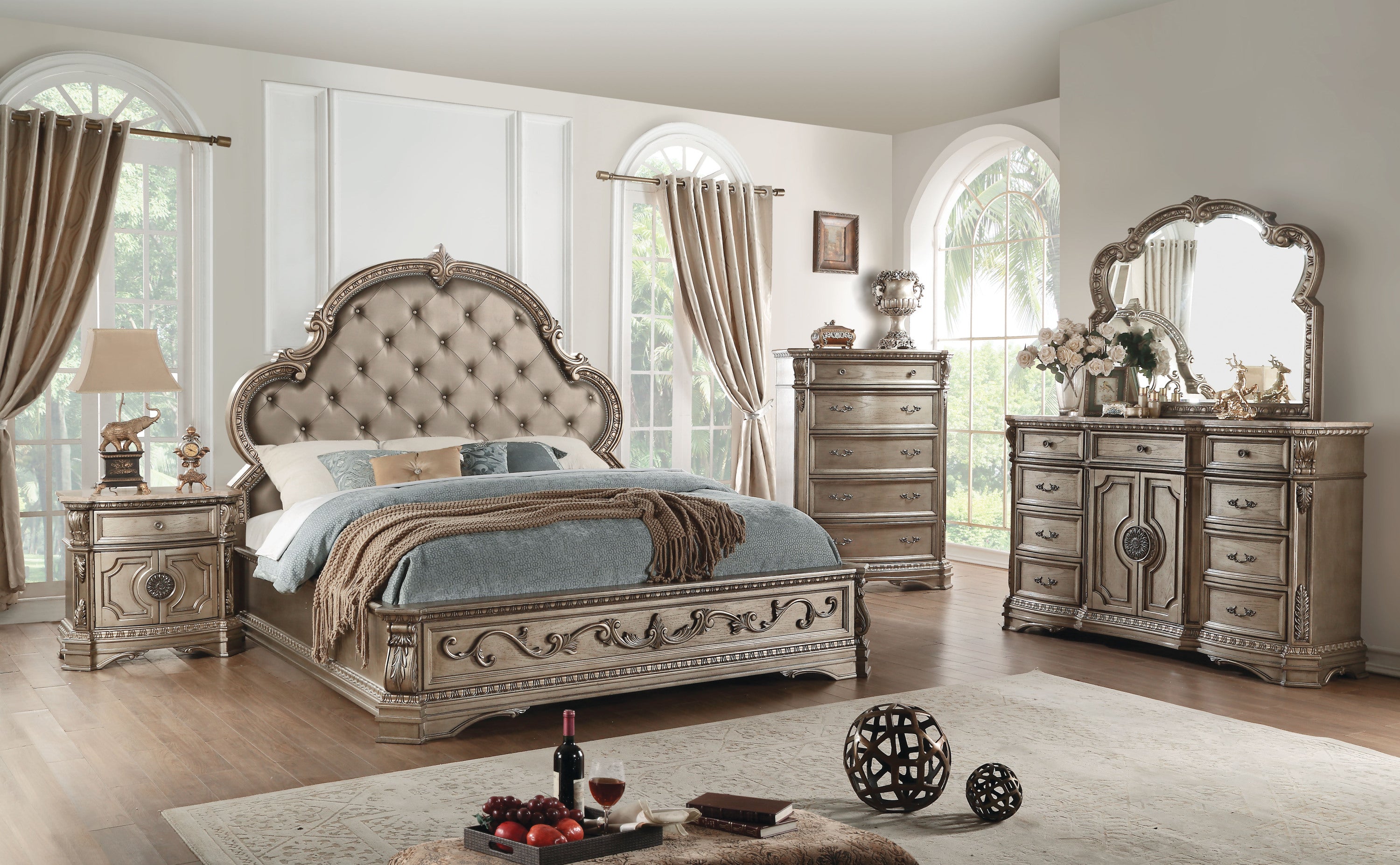 ACME Northville Eastern King Bed in PU & Antique Silver 26927EK