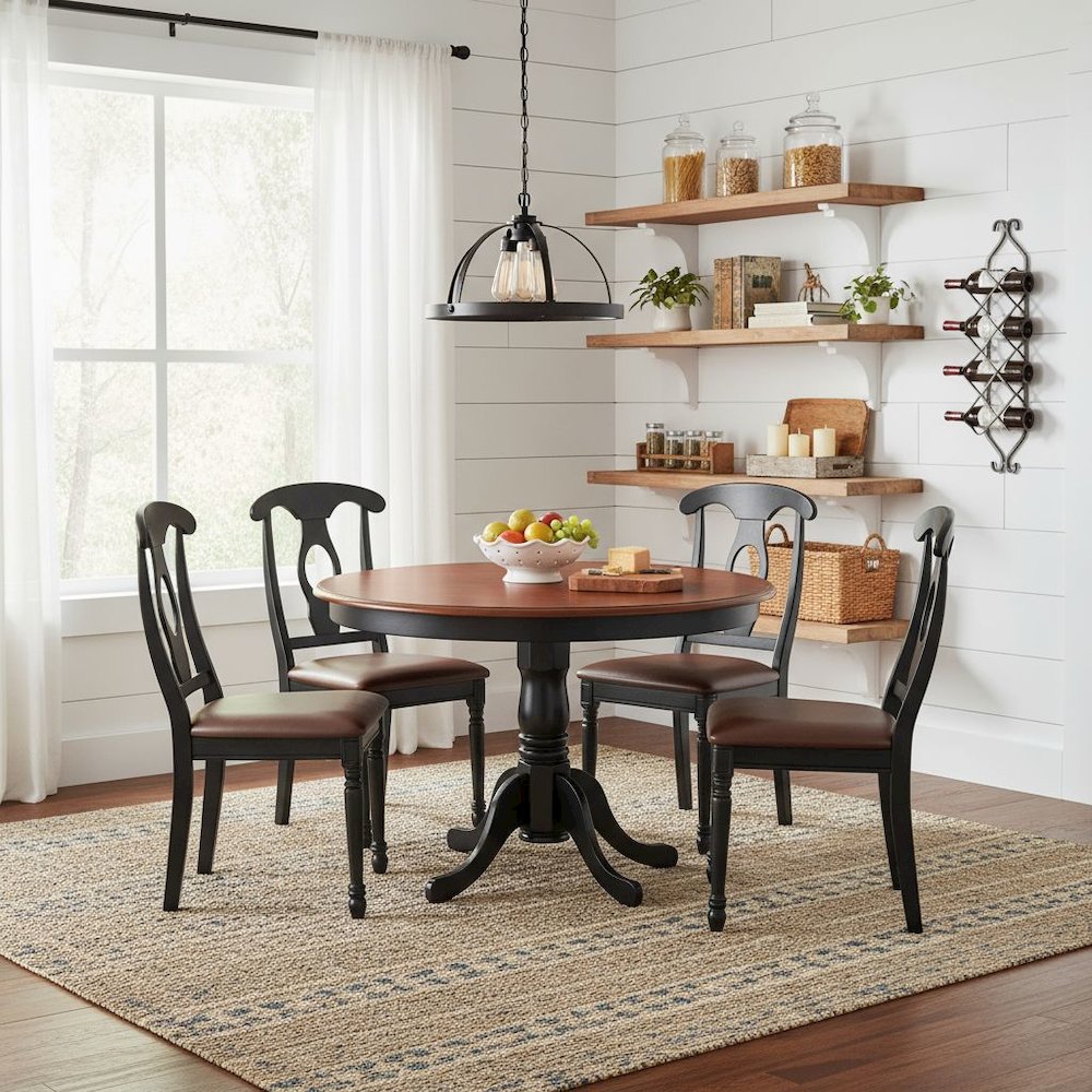 5 Piece Dining Furniture Set, Round Table, 4 Leather Chairs, Cherry and Black