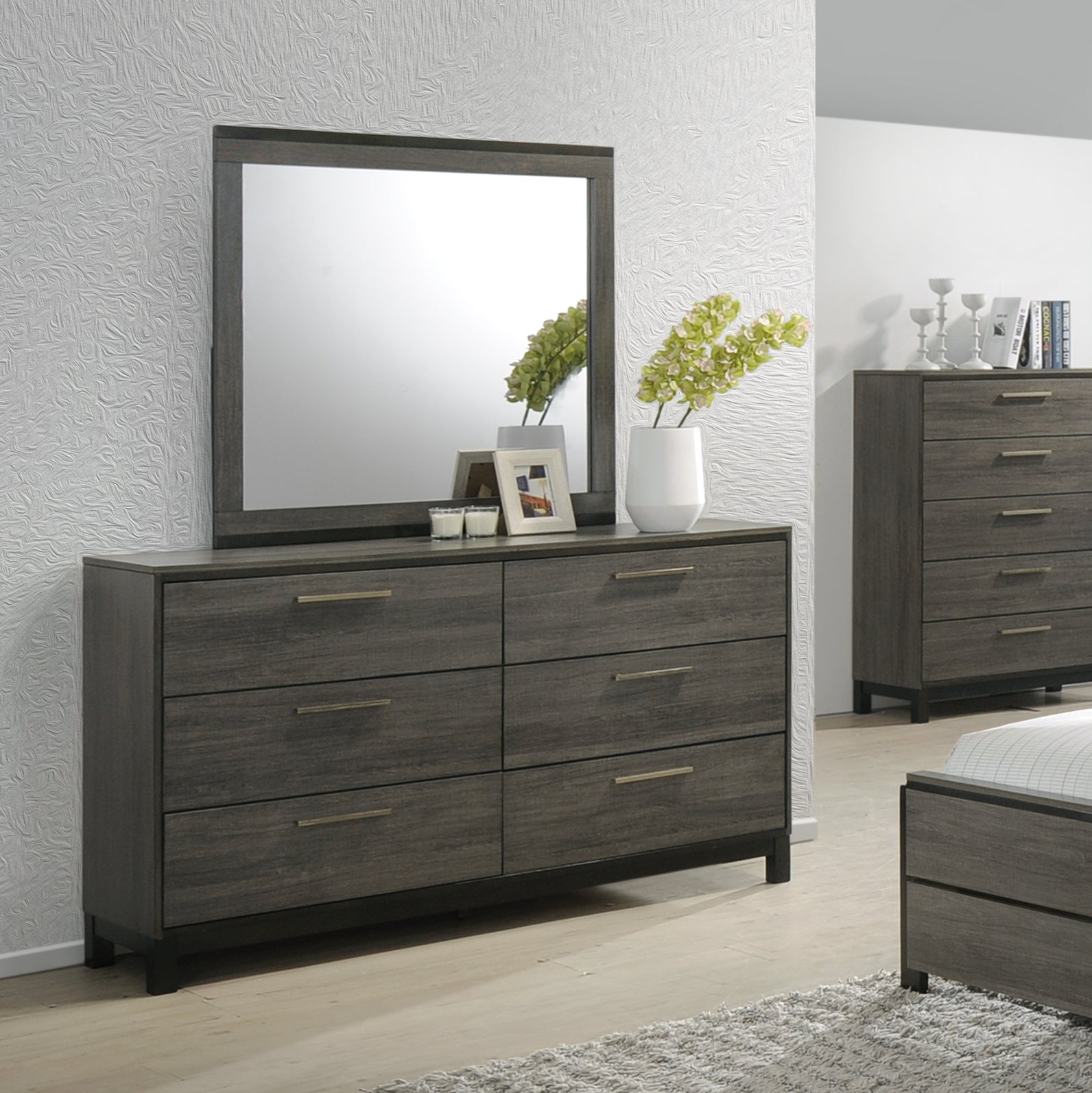 Ioana Antique Grey Wood 6-piece Queen Size Bedroom Set, Dresser, Mirror, 2 Night Stands , Chest