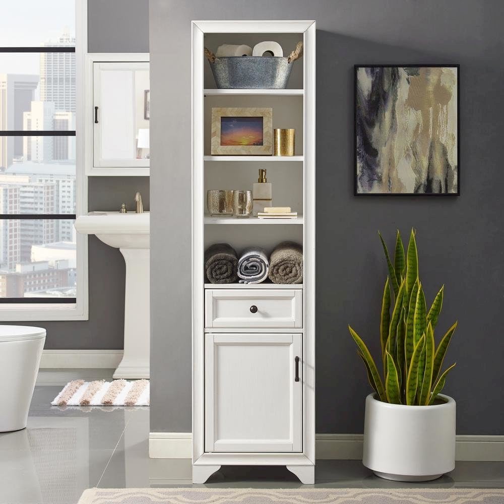 White linen cabinet with anti-tip hardware and sturdy construction