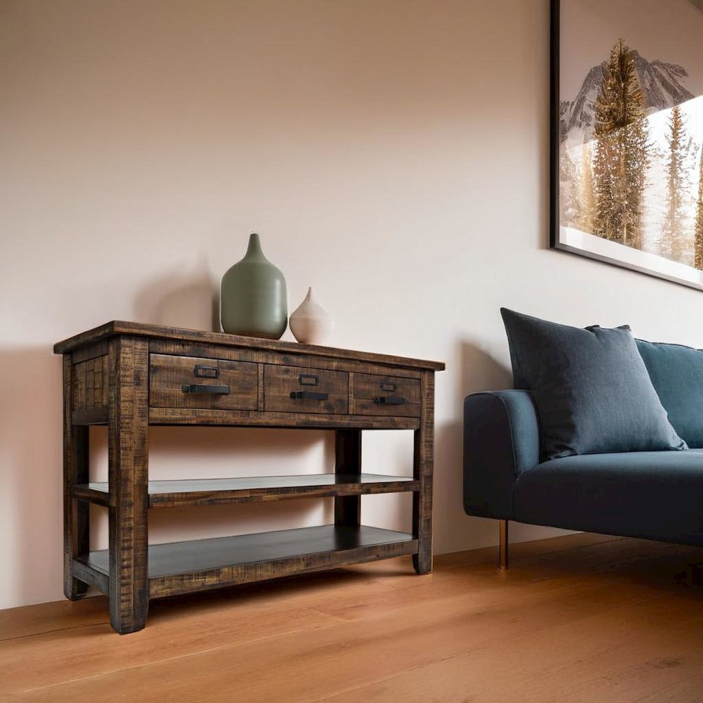 50-Inch Gray Sofa Table with Distressed Industrial Design, Acacia Construction