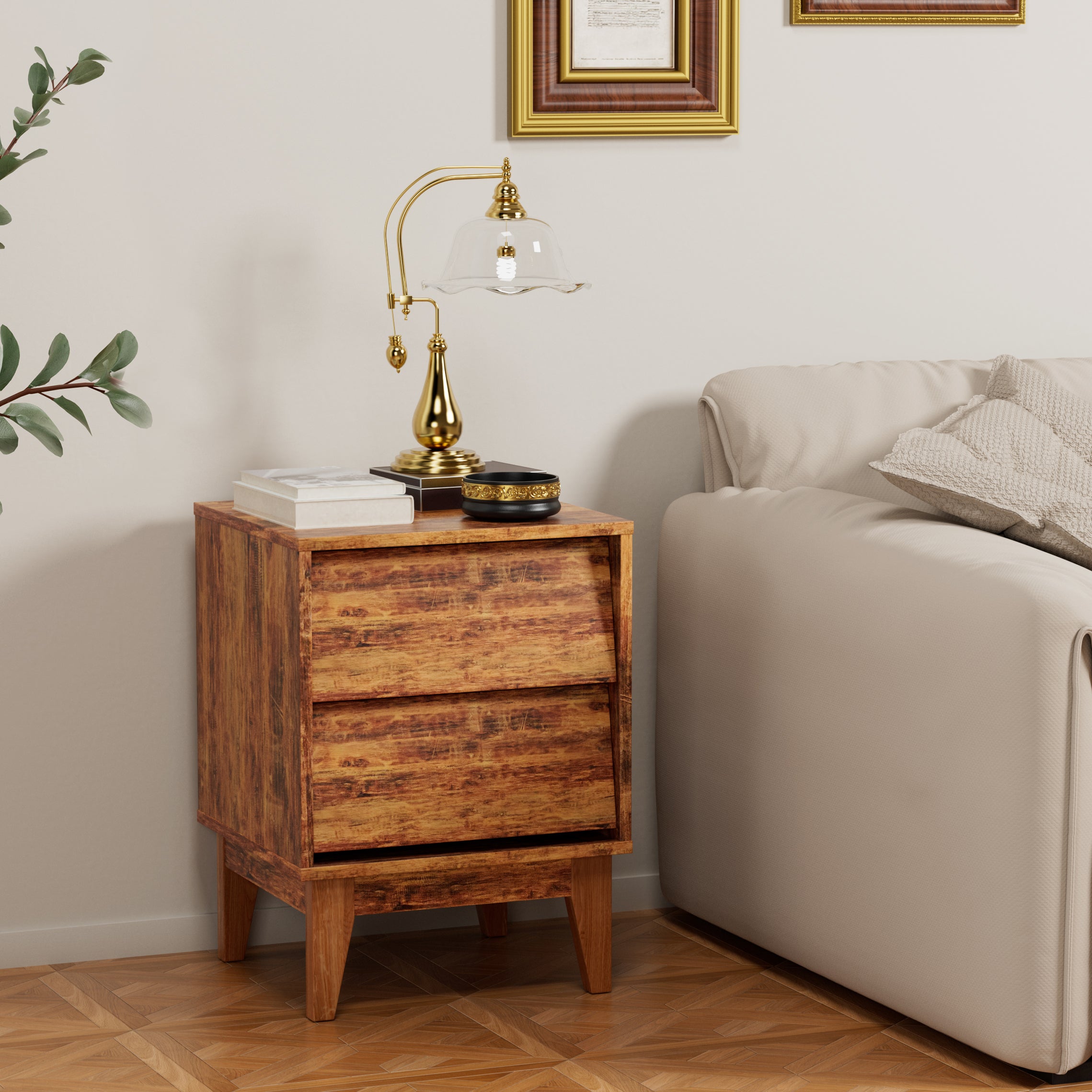 2 Set Nightstands Features Vintage-style and Bevel Design, Made of MDF, Mid Century Modern Nightstand, Night Stand for Bedroom