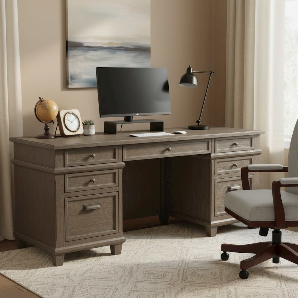 Wood Double Pedestal Executive Desk, 7 Drawers, 2 File Drawers, Gray