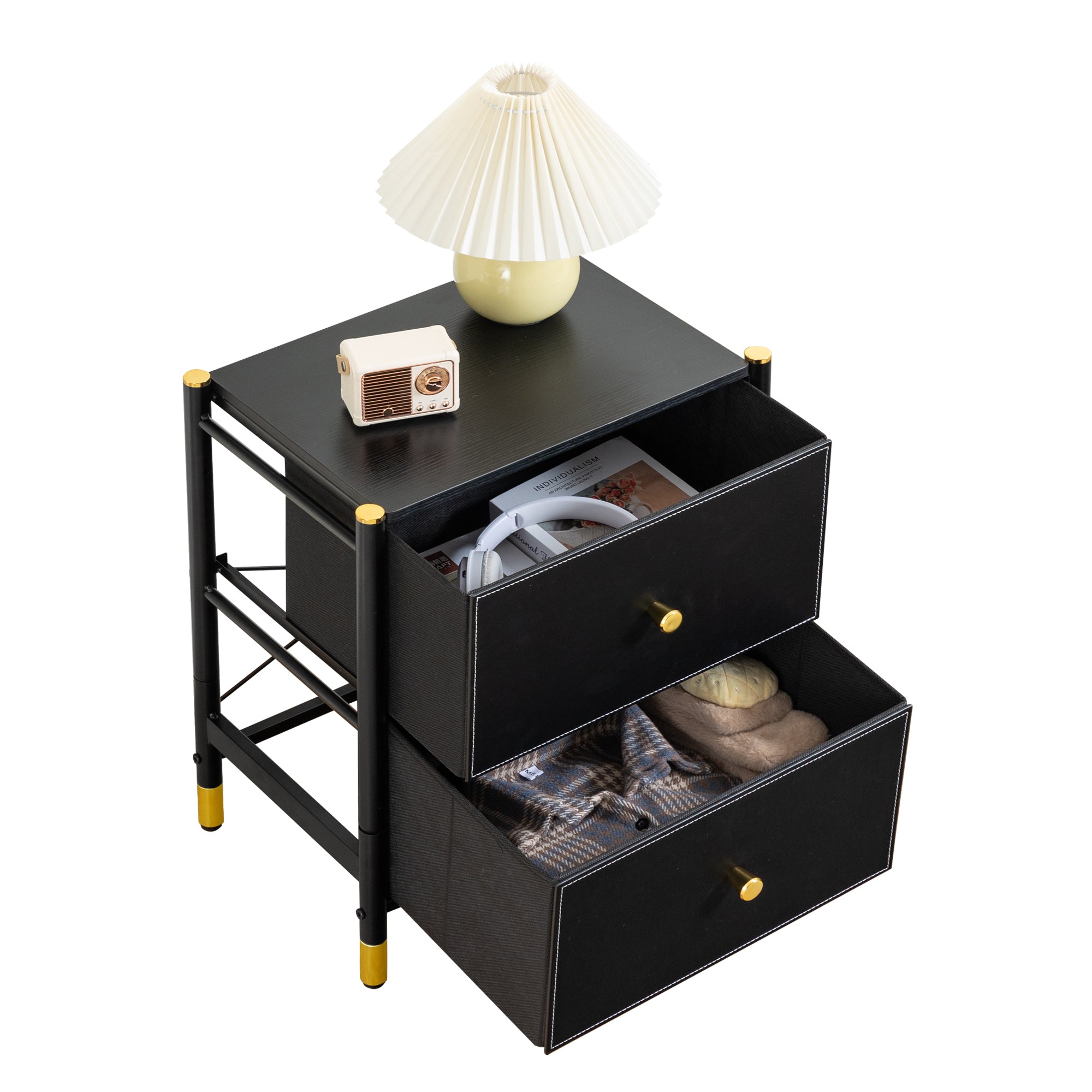 Drawer Dresser cabinet,2 Drawer Nightstands for Bedroom - Small Bedside Dresser with PU Leather Front Bins- Stylish End Table and Night Stand Furniture - Perfect for Closet, Bedroom,color:Black