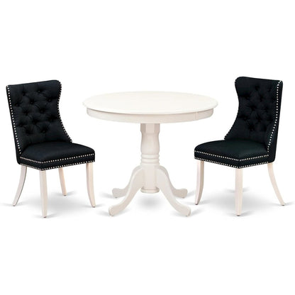East West Furniture ANDA3-LWH-24 3 Piece Dining Set Includes a Round Kitchen Table with Pedestal and 2 Upholstered Chairs, Linen White