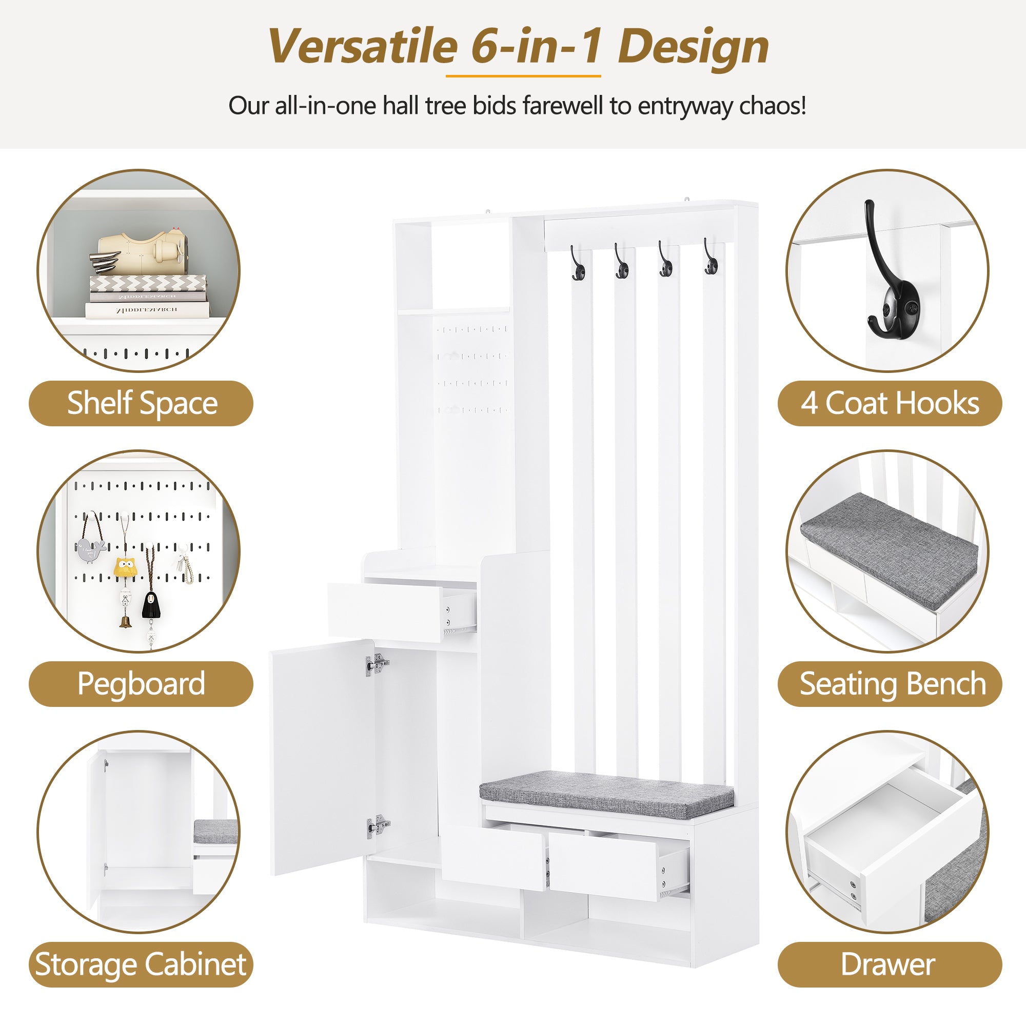 ON-TREND Contemporary 39.3''Wx70.8''H Hall Tree  Storage with Cushioned Storage Bench, Multifunctional Hallway Shoe Cabinet with Pegboard, Modern Coat Rack with 4 Hooks for Entryway, Mudroom, White