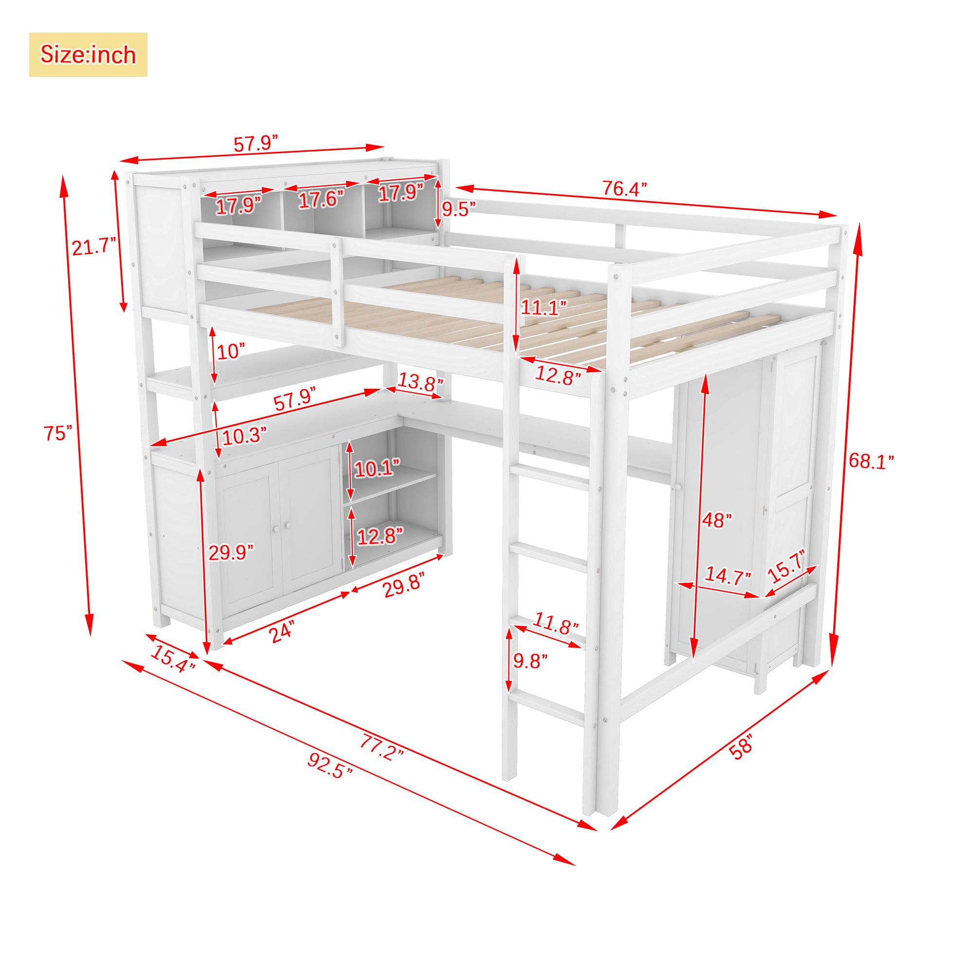 Wood Loft Bed with Cabinet and Bookshelf, Full Size Loft with Wardrobe and Desk for Kids,White (Expect Arrival Date 2024/8/25)