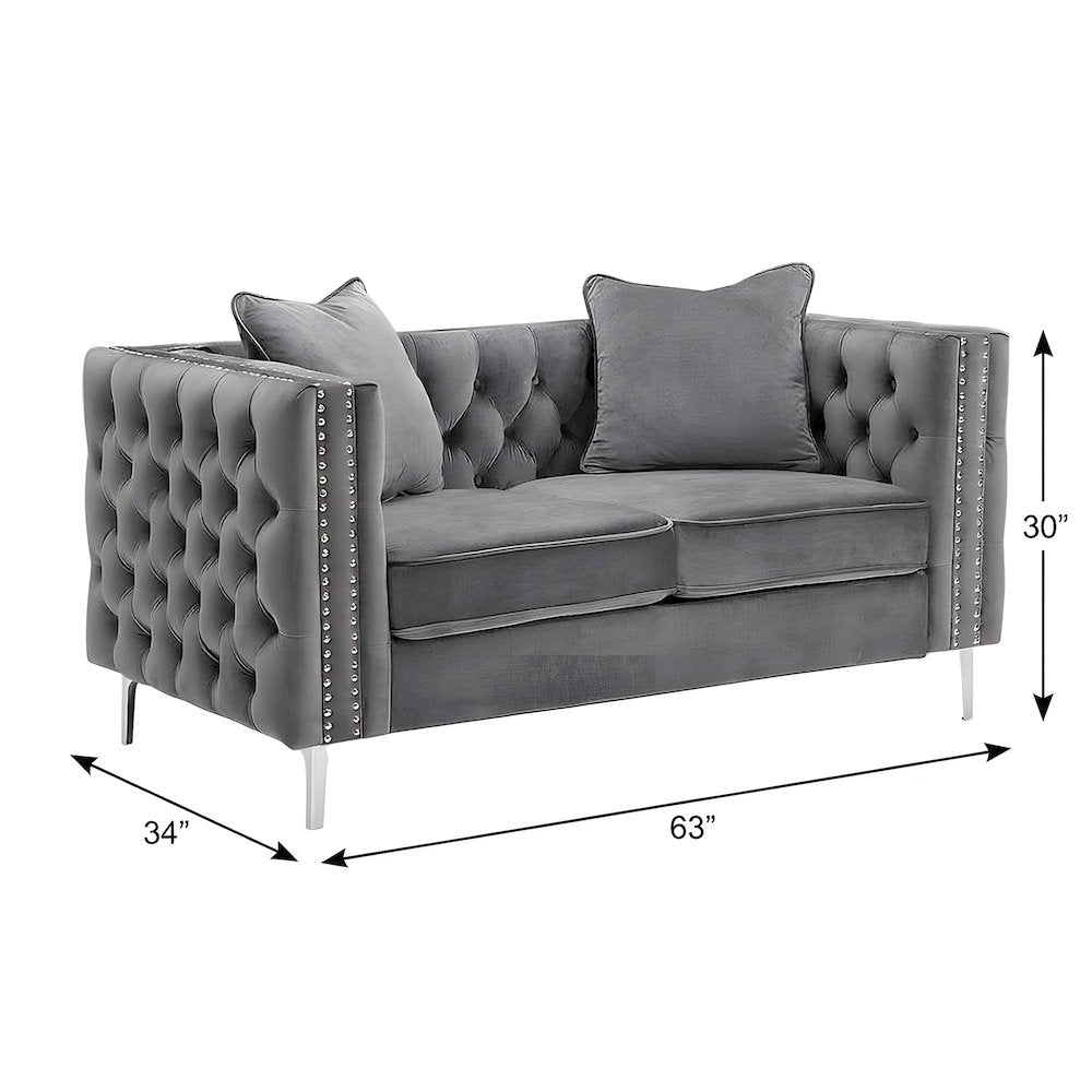 Velvet-Upholstered Loveseat with Button-Tufted Back and Nailhead Trims, Gray