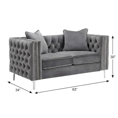 Velvet-Upholstered Loveseat with Button-Tufted Back and Nailhead Trims, Gray