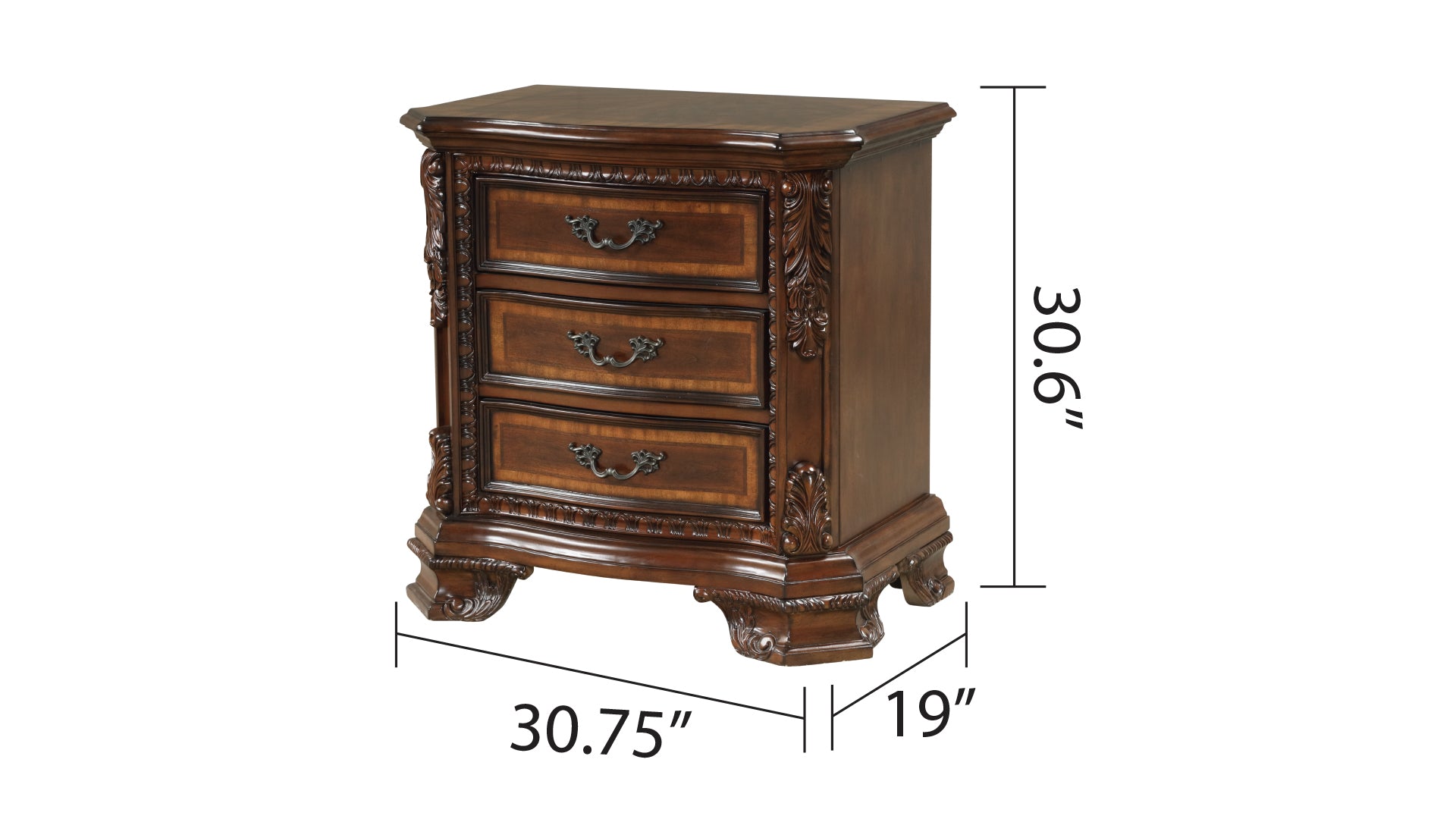 Traditional Style 3-Drawer Night stand With metal drawer pulls Made with Wood in Walnut