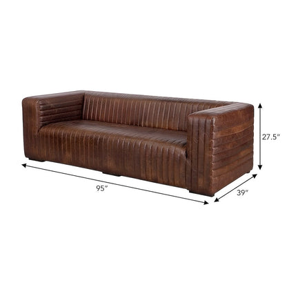 Top-Grain Leather Sofa with Channel Stitching, Industrial Style