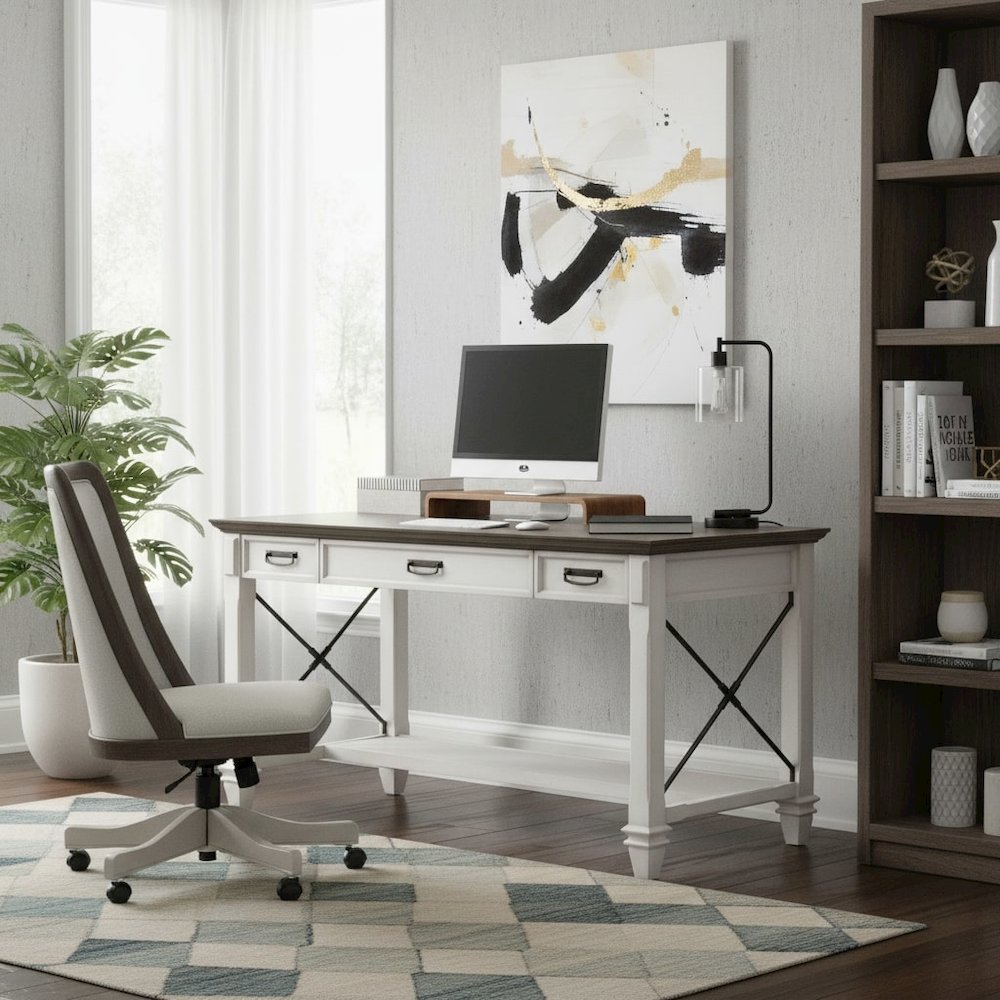 Wood Writing Desk, 3 Utility Drawers, Power Center, Charging Shelf, White