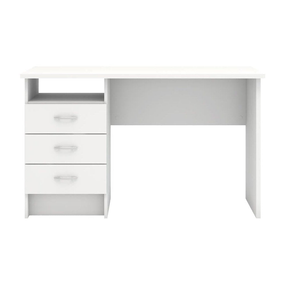 Sleek White Computer Desk with Three Drawers and Open Shelf for Storage